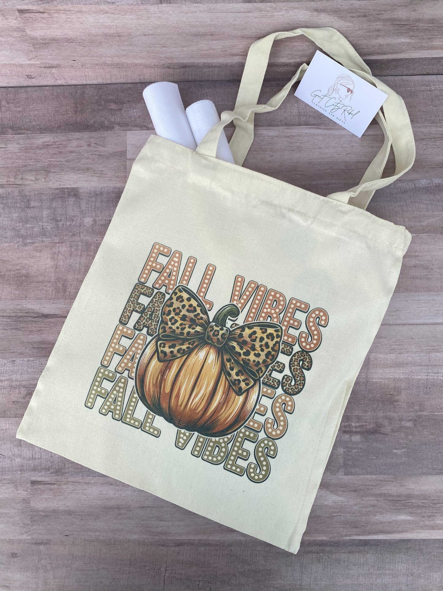 Fall Vibes Phrase With A Pumpkin And Leopard Bow Reusable Cloth Tote Bag