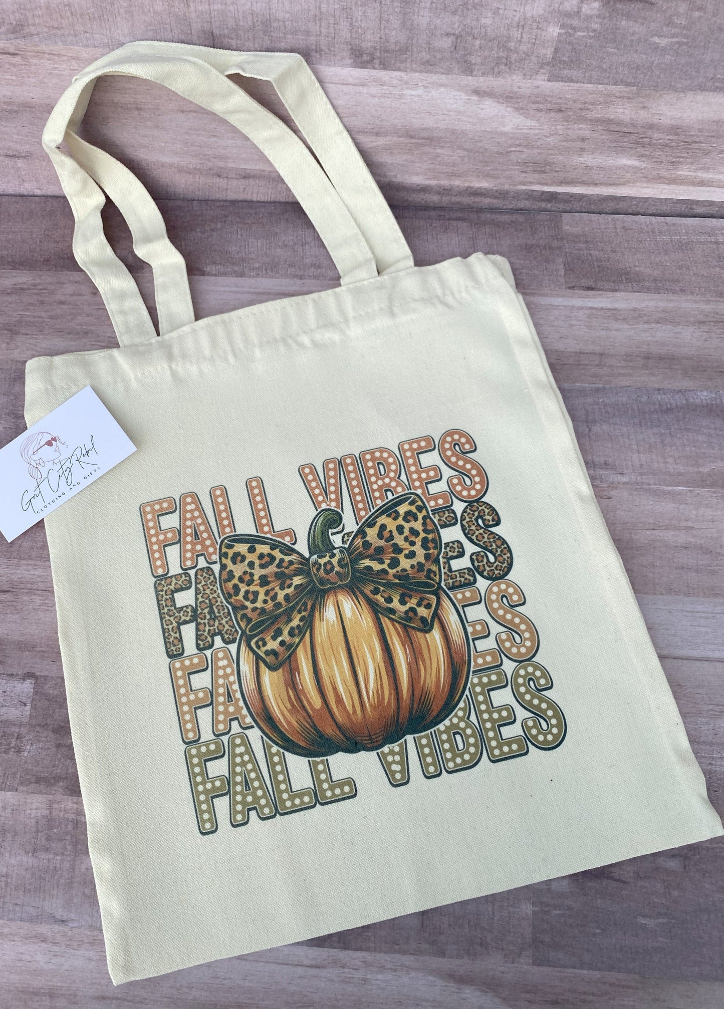 Fall Vibes Phrase With A Pumpkin And Leopard Bow Reusable Cloth Tote Bag