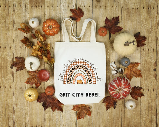 Fall rainbow with the saying Fall is the best season of them allreusable cloth tote bag