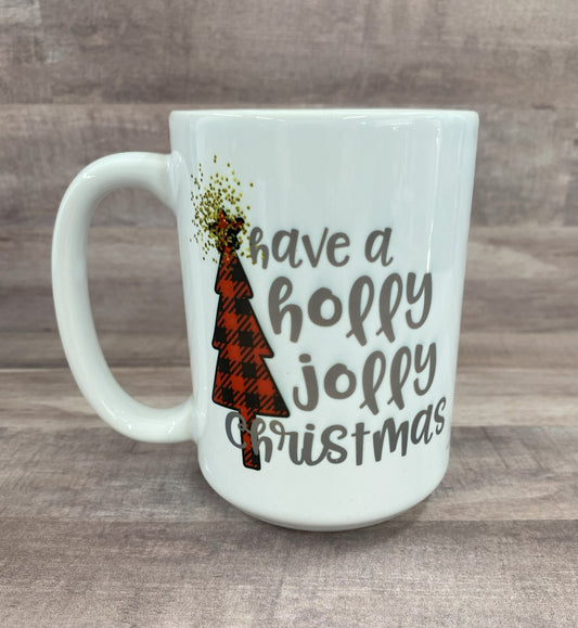 Christmas Tree Plaid Image and saying "Have a Holly Jolly Christmas" on 16 oz Cermaic Mug