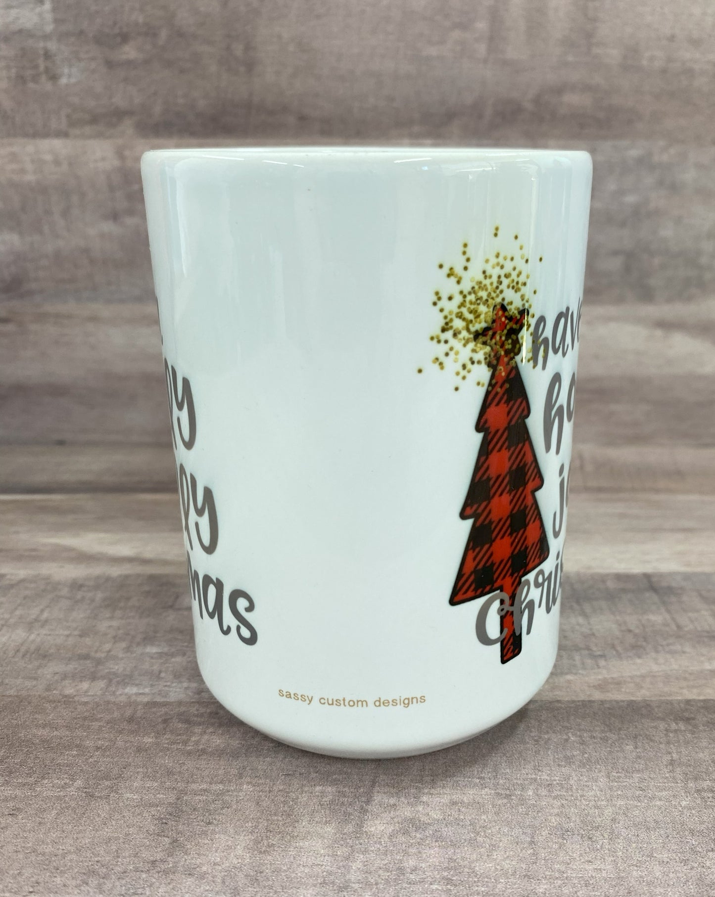 Christmas Tree Plaid Image and saying "Have a Holly Jolly Christmas" on 16 oz Cermaic Mug