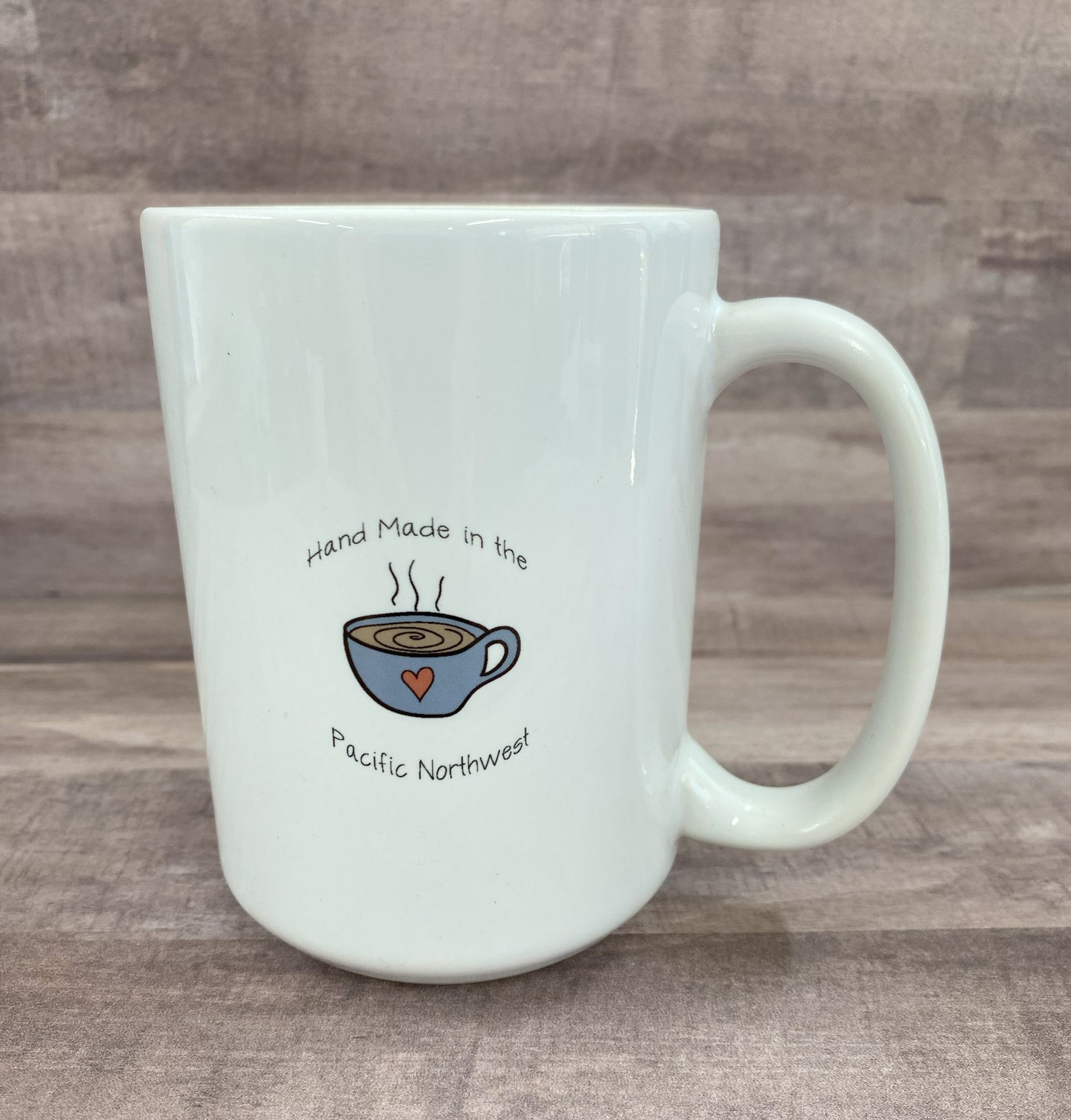 16oz ceramic mug with acorns and leaves with the saying hello fall on one side, the other side states hand made in the pacific northwest with a coffee cup image - grit city rebel