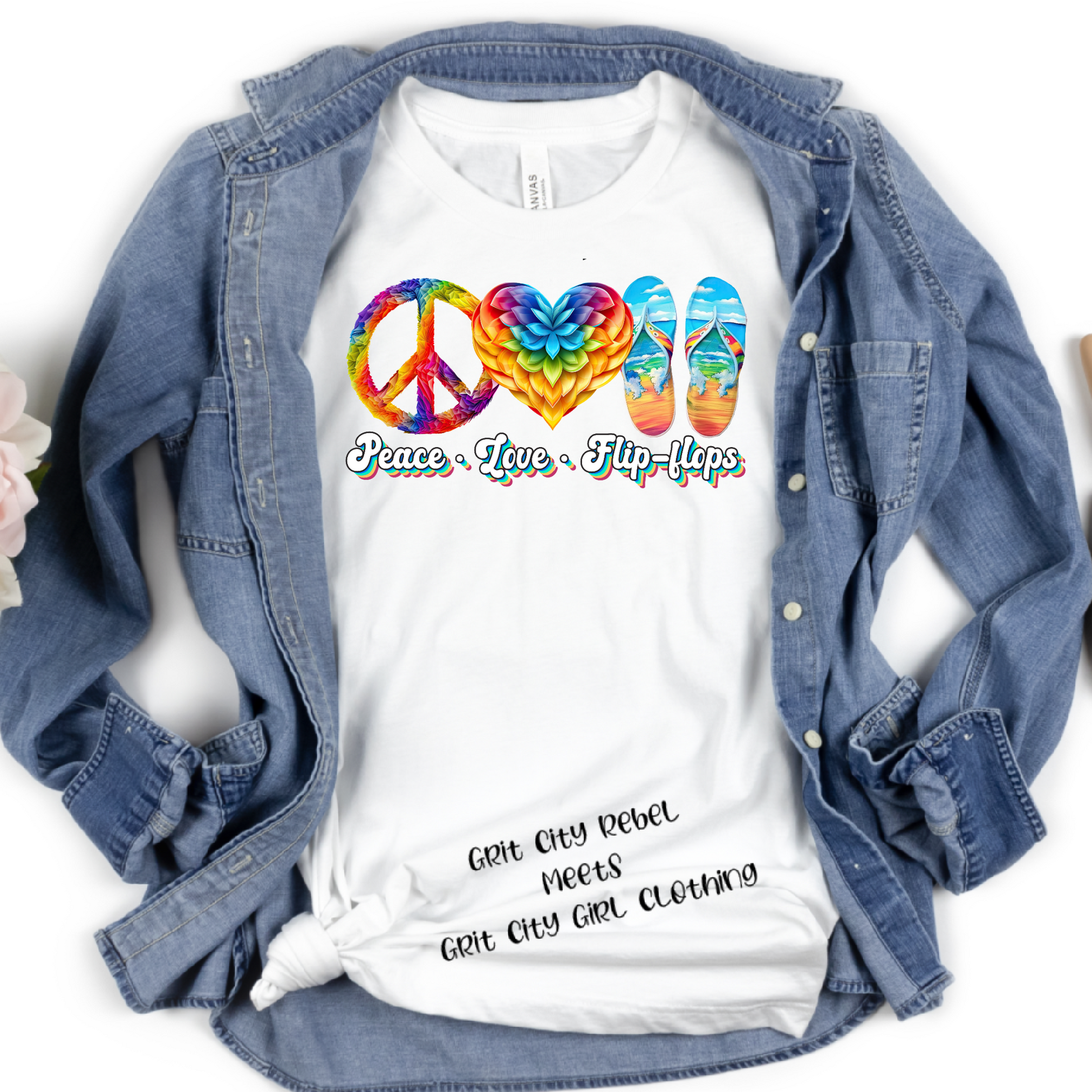 white short sleeve poyester tshirt with love peace flip flops in bright colors