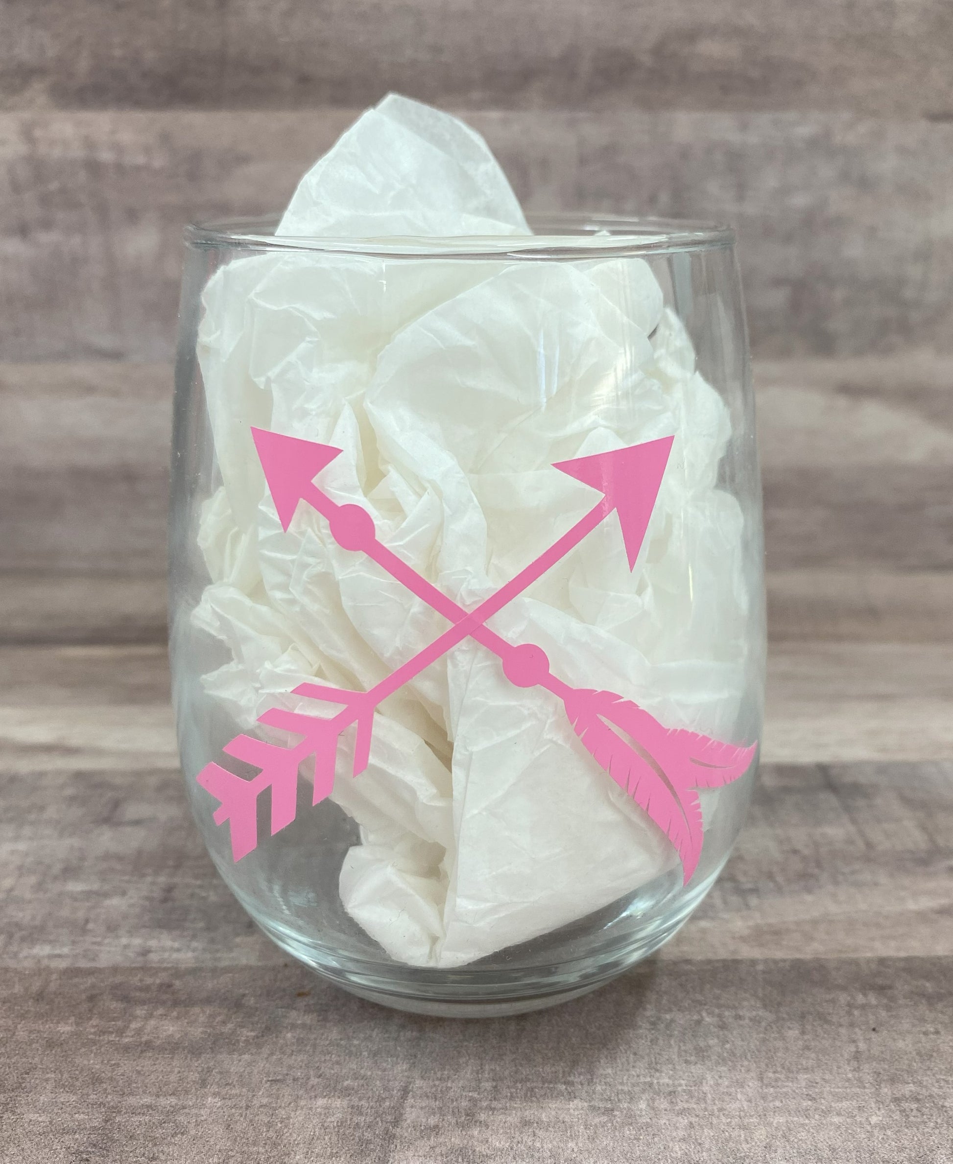 Stemless 15oz wine glass with pink crossed arrows Customizable. Designed by Grit City Rebel.