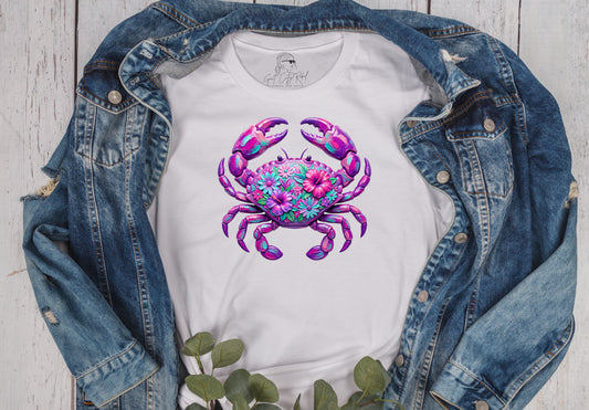 Grit City Rebel white unisex t-shirt with a purple pink crab with flowers on the shell. Available in sizes small to 3xl. 