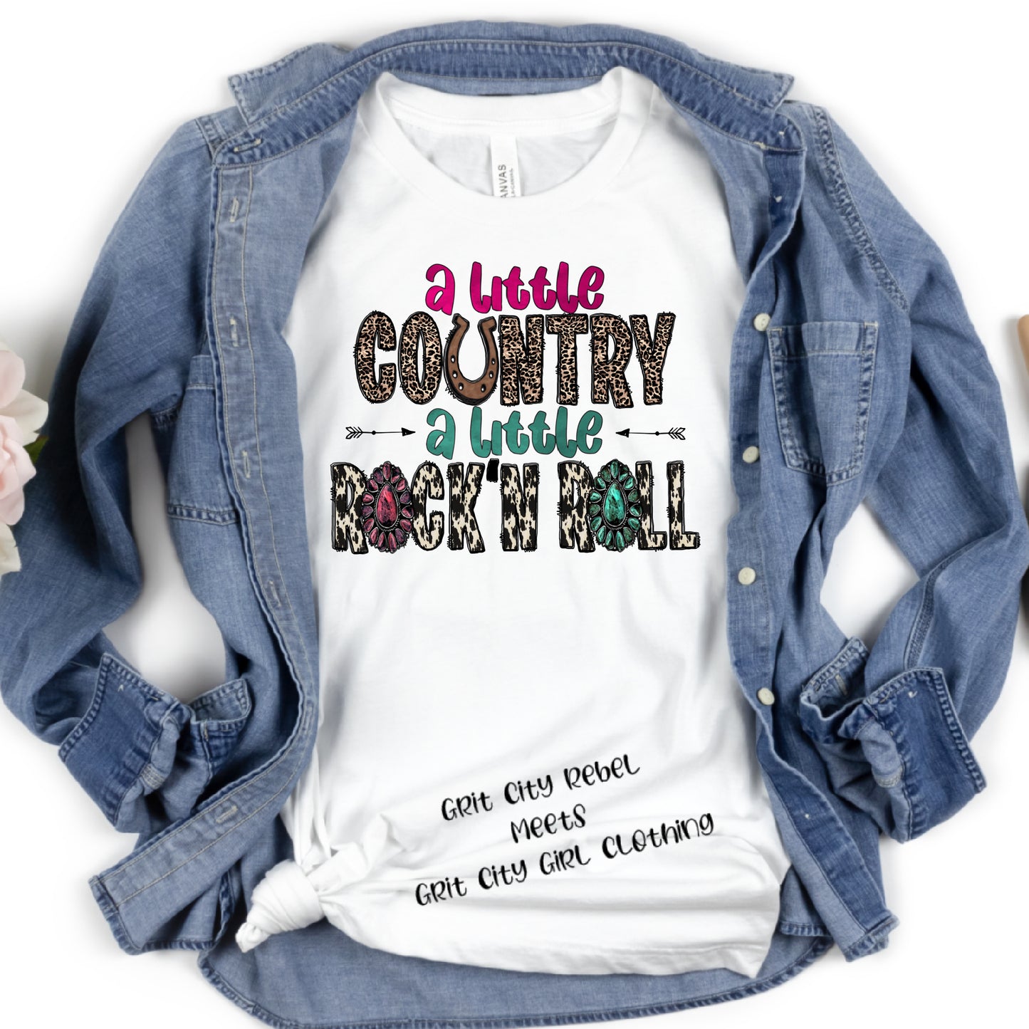 A little Country A little Rock and Roll unisex short sleeve unisex Tshirt in a colorful writing of mixed faux textures