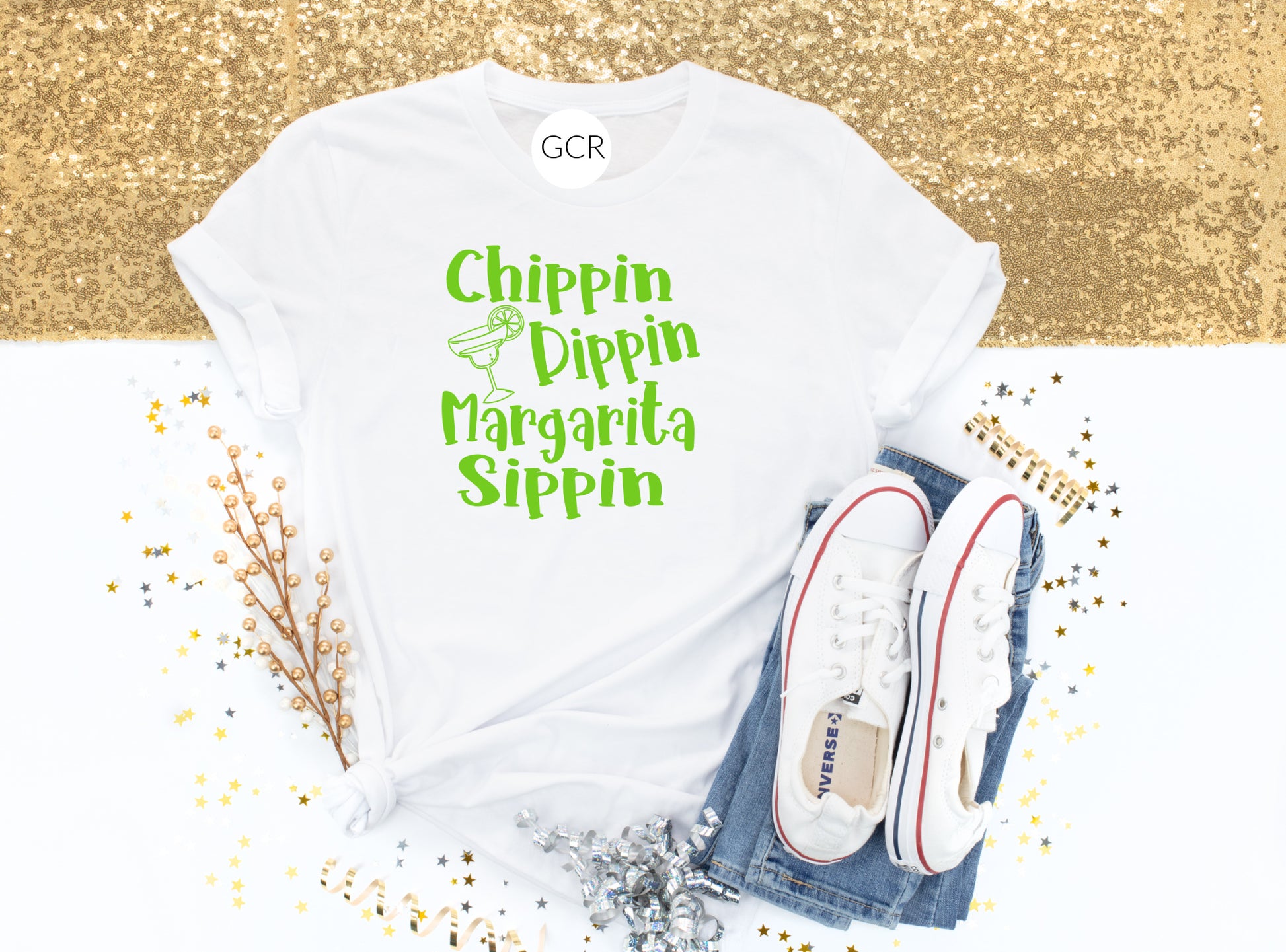 White unisex TShirt with they saying Dippin, Chippin, Matgarita, Sippin in lime green