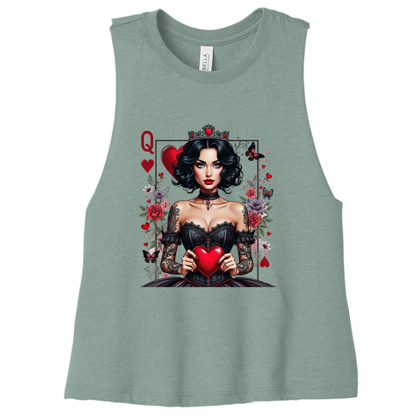 Blue green tank top with a graphic design of a woman holding a heart and surrounded by flowers and cards on a blue green background. Available in sizes small to 2XL