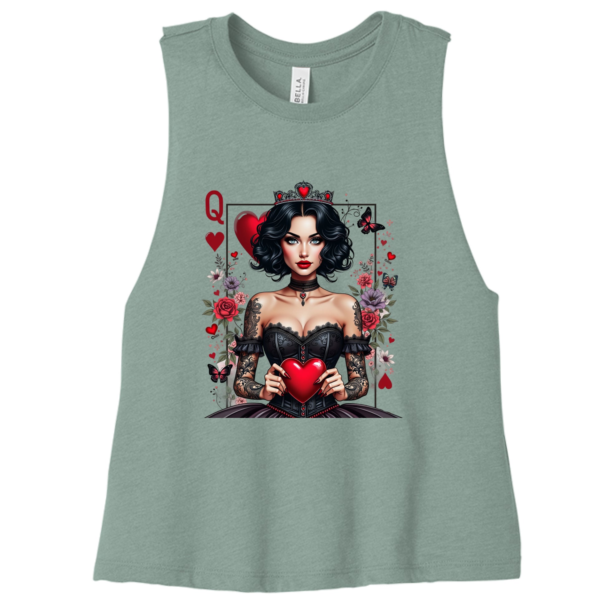 Blue green tank top with a graphic design of a woman holding a heart and surrounded by flowers and cards on a blue green background. Available in sizes small to 2XL
