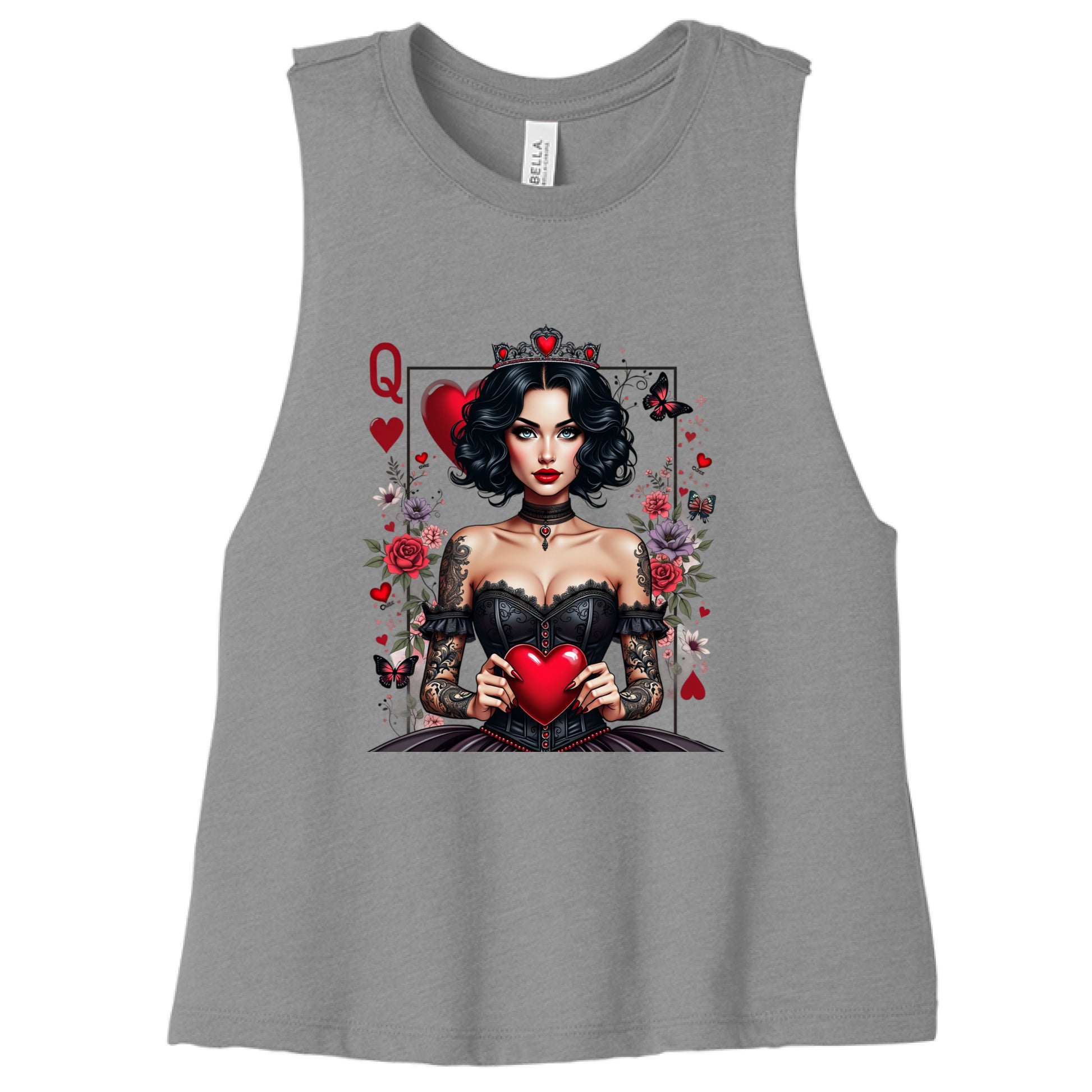 Grey tank top with a graphic design of a woman holding a heart and surrounded by flowers and cards on a grey background. Available in sizes small to 2XL