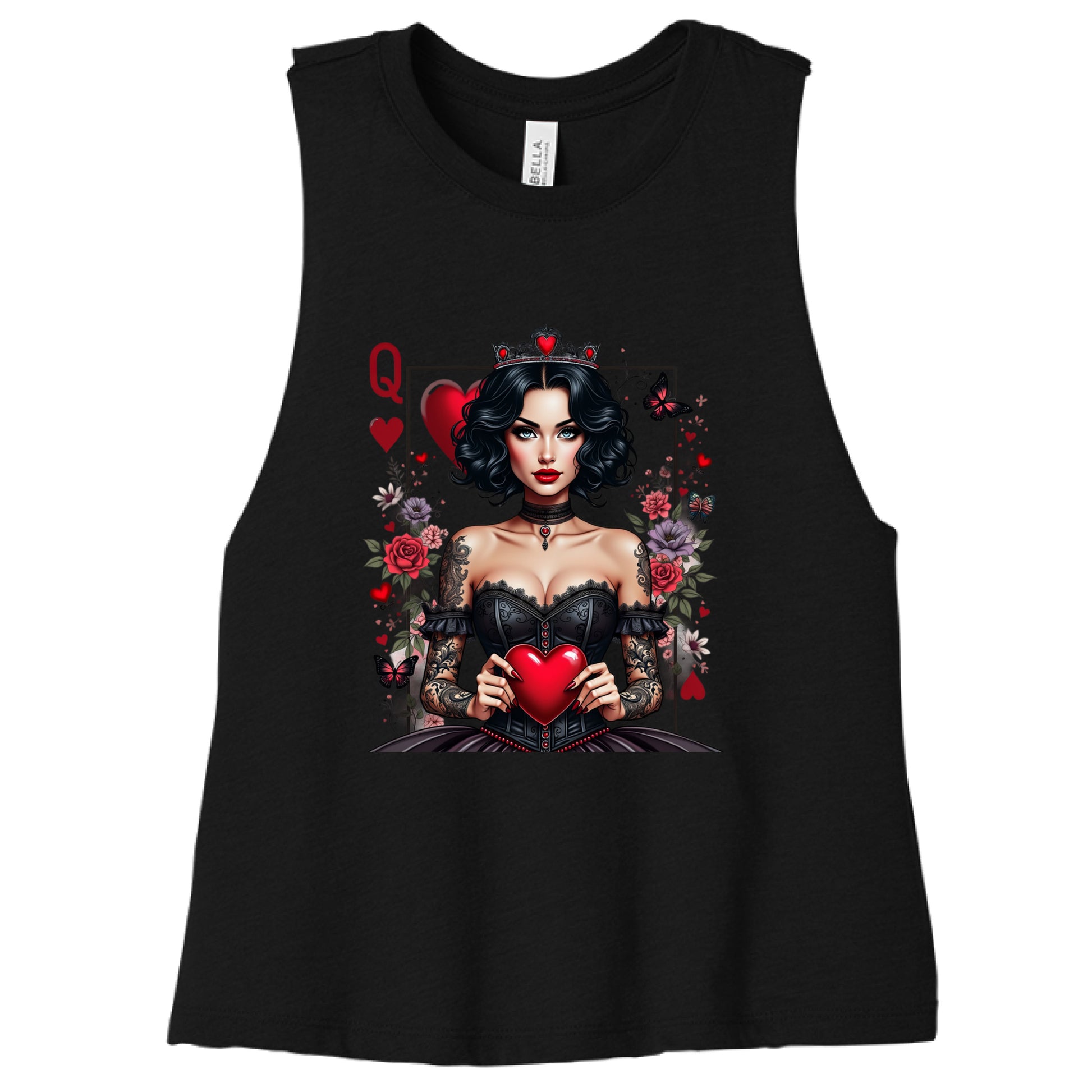 Black tank top with a graphic design of a woman holding a heart and surrounded by flowers and cards on a black background. Available in sizes small to 2XL