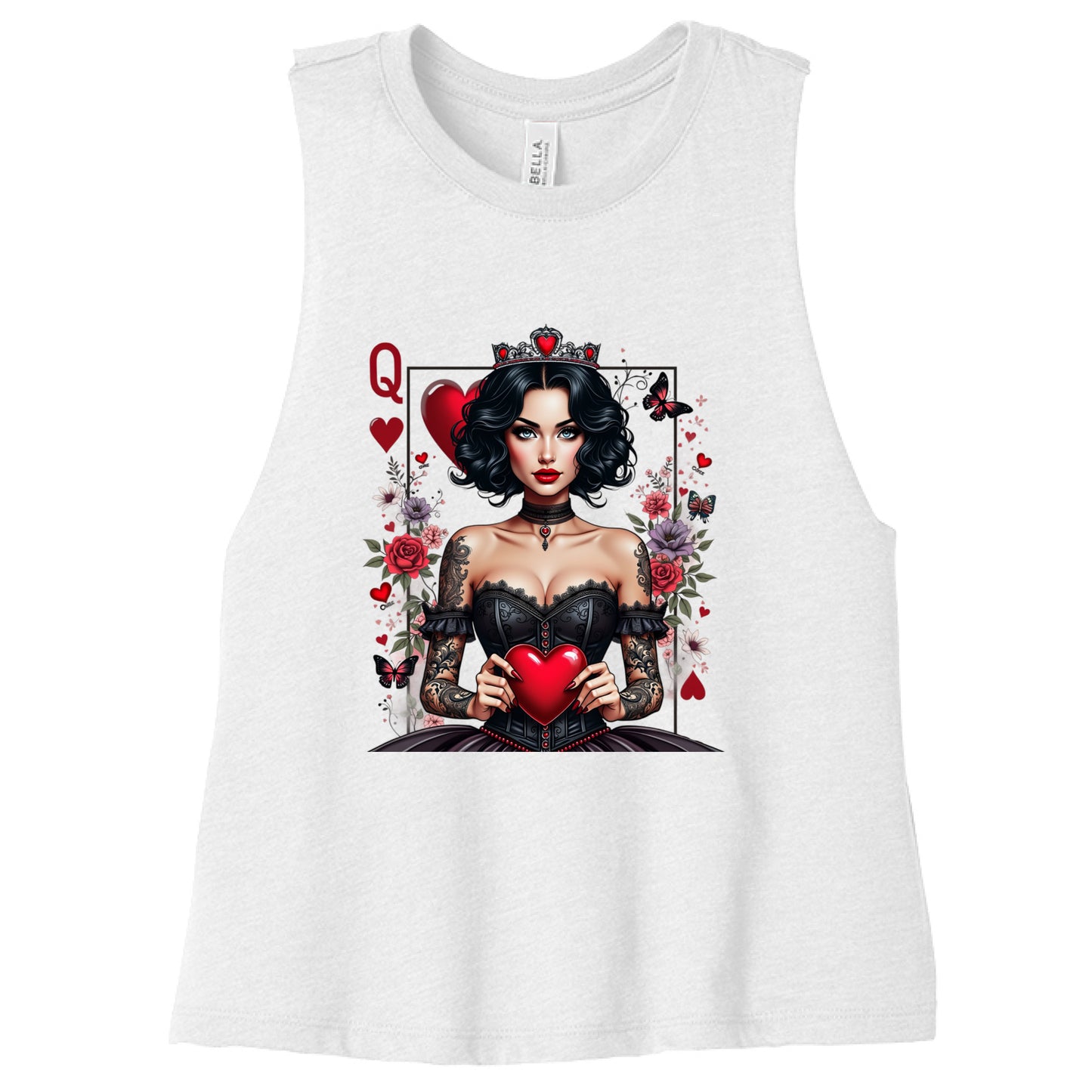 White tank top with a graphic design of a woman holding a heart and surrounded by flowers and cards on a white background. Available in sizes small to 2XL