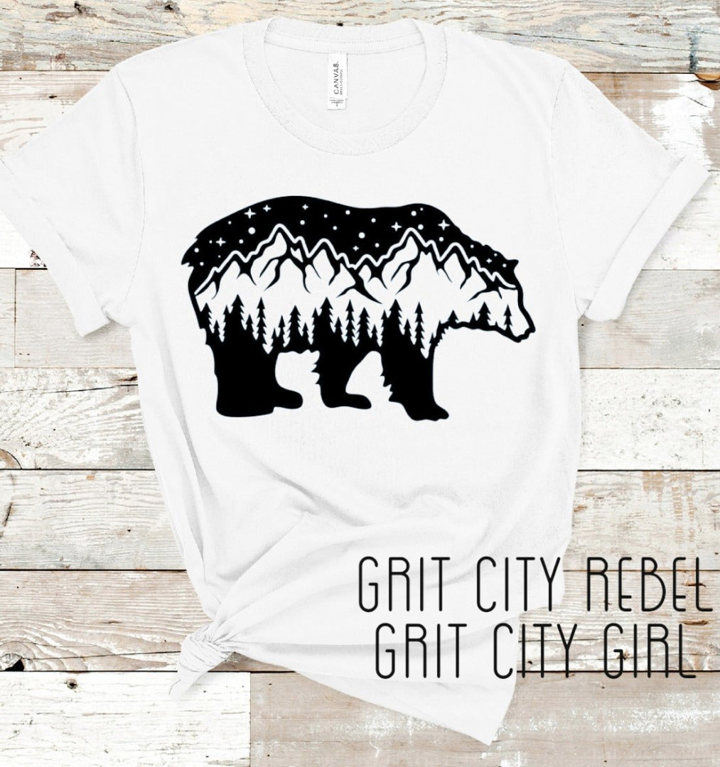 White TShirt with white Mountain designin side the shape of a bear unisex sizing Small to 3X