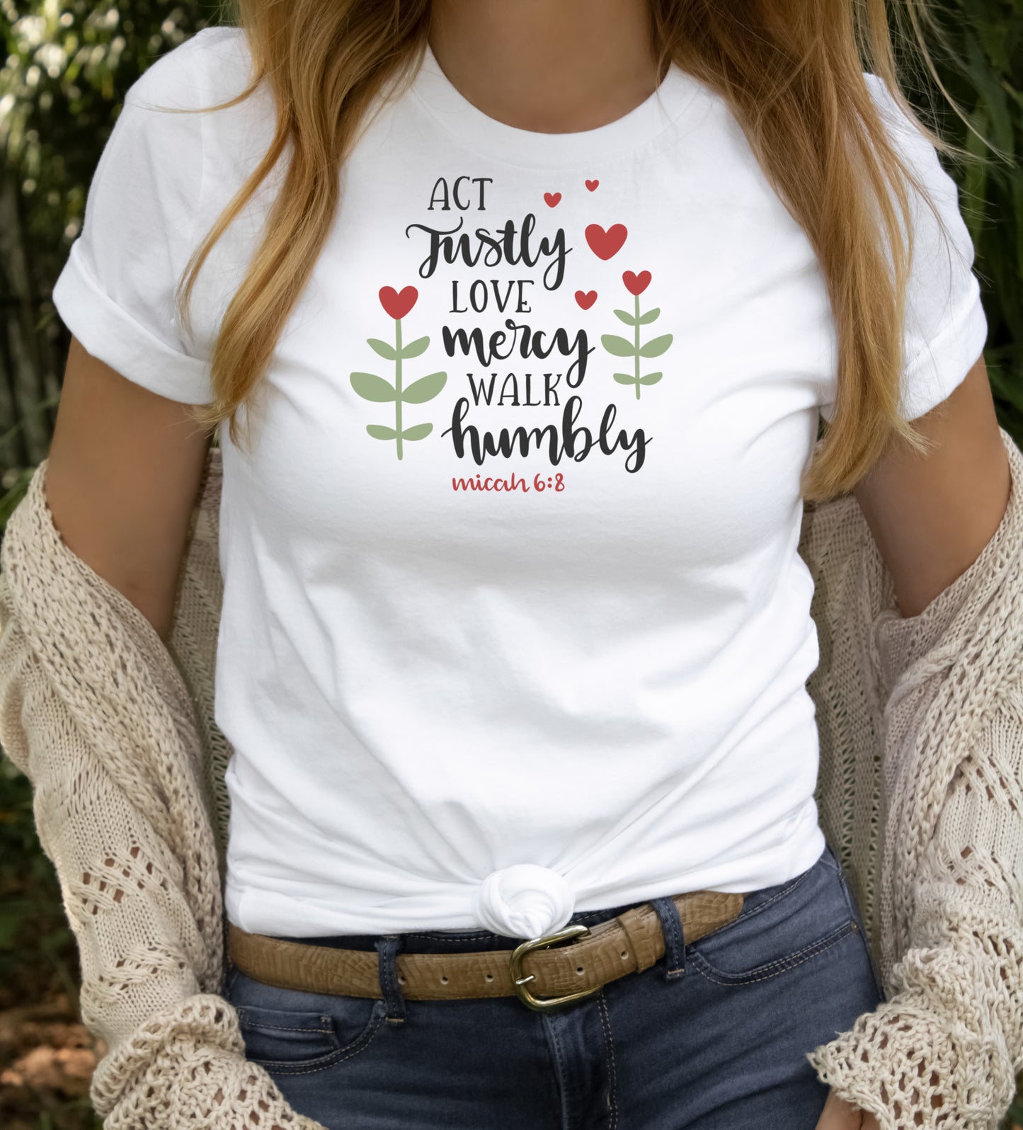 White short sleeve T-Shirt with the bible reference Act Trustly Love Mercy Walk Humbly micah 6:8 Grit City Rebel