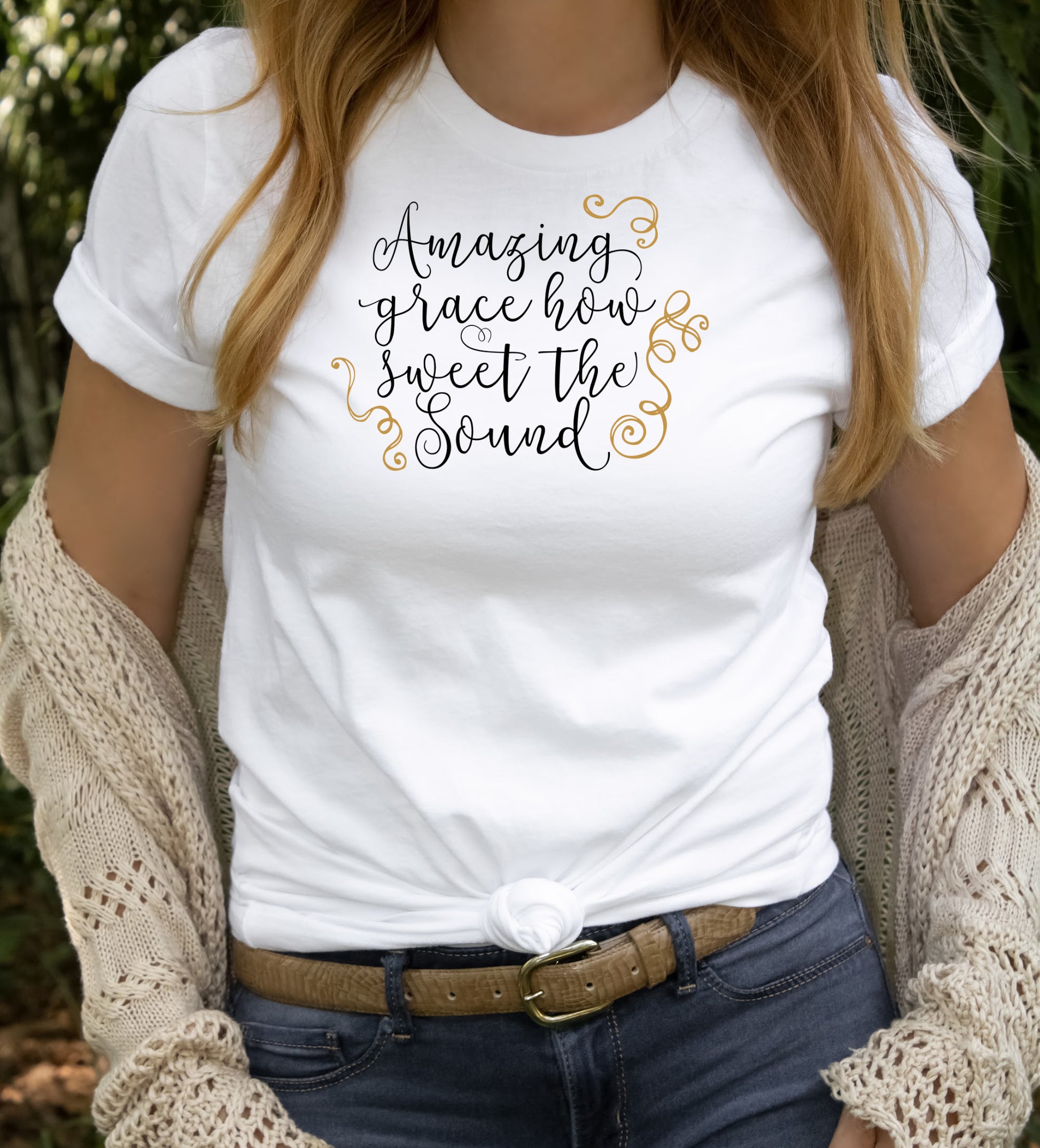 Amazing grace how sweet the sound in black and gold writting on a white  short sleeve unisex T-Shirt