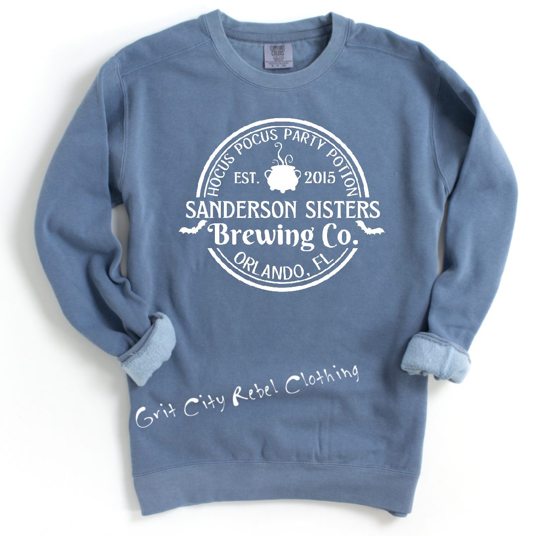 Hocus Pocus Poihion Anderson Sisters Brewing Company Orlando Florida White writing on a med blue sweatshirt Grit City Rebel sizing unisex sizes small medium large Xlarge 2X 3X