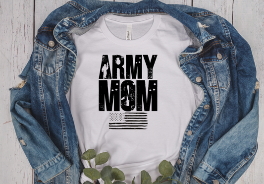 white unisex short sleeve T-Shirt with distressed black lettering saying Army Mom and a flag all in black