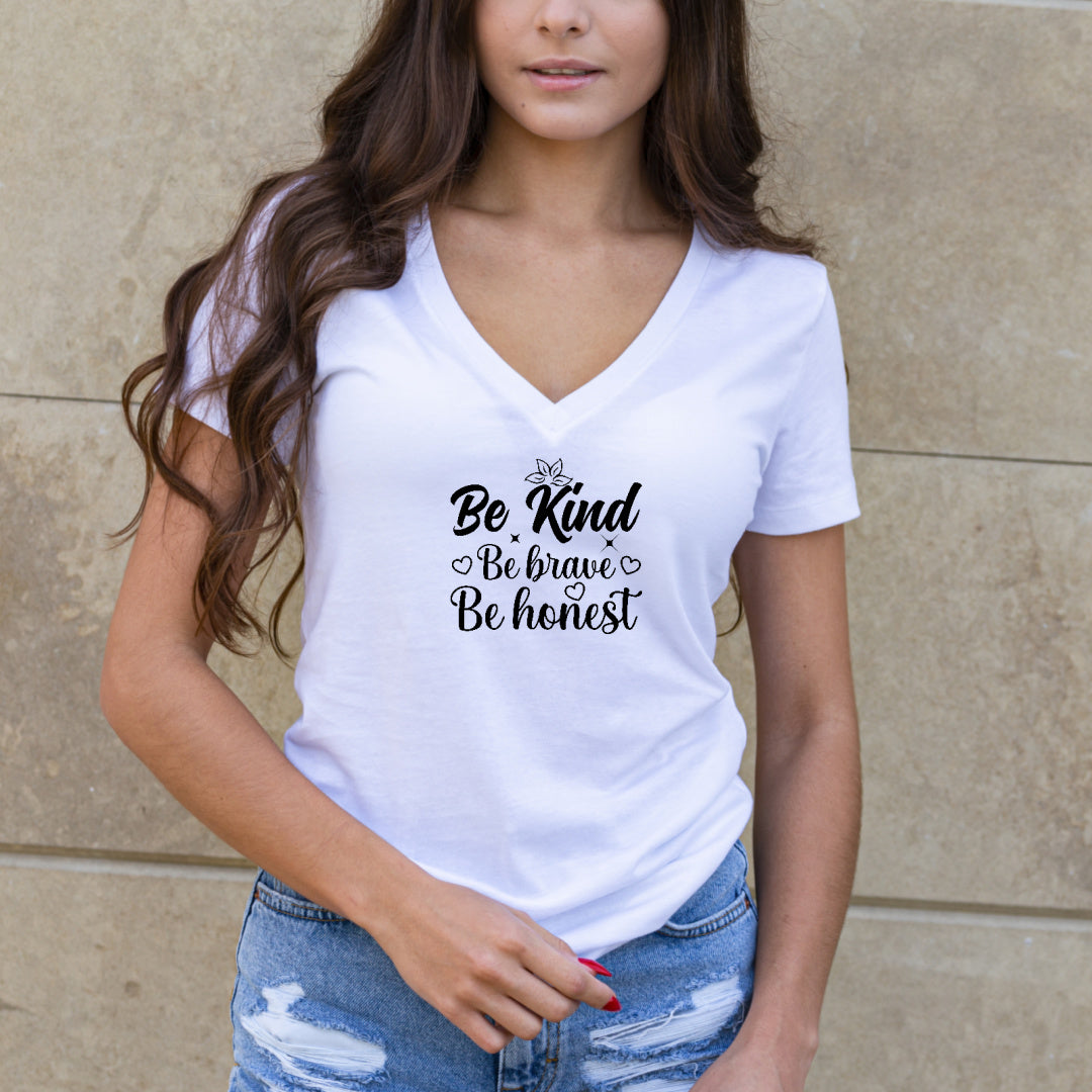 White short sleeve t-shirt with black writing  that says Be Kind, Be Brave, Be Honest unisex sizing Small to 3X