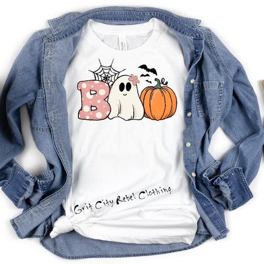 White unisex T-Shirt with Boo spelled out using dot pattern on the B white ghost for O and pumpkin for O