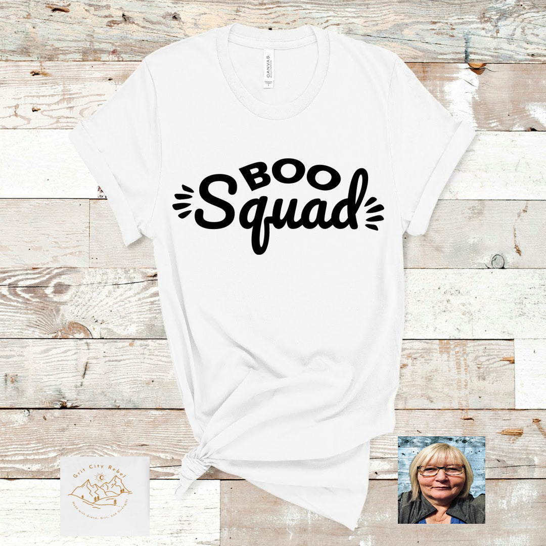 white short sleeve unisex TShirt with the saying BOO Squad in black