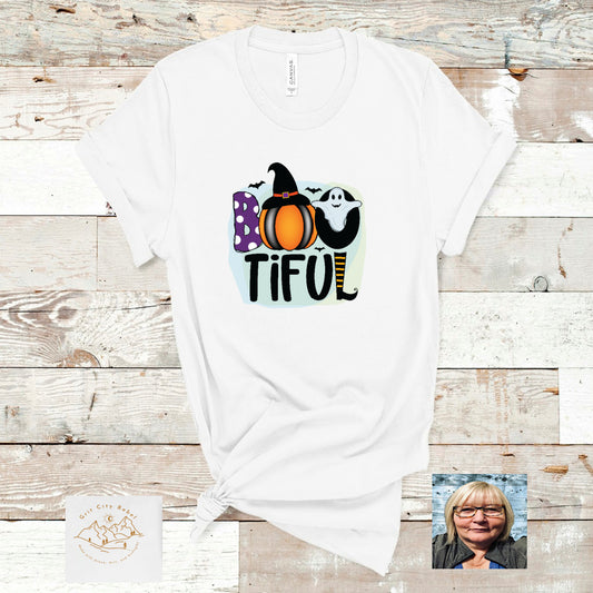 white unisex Tshirt with a colorful design of a pumpkin and ghost with the word BOOTIFUL