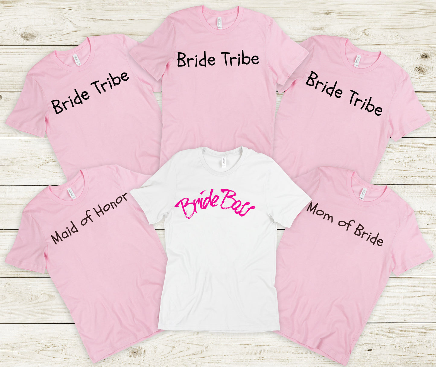white Bride Boss bridal tshirt and pink Bride Tribe bridesmaid shirts in unisex sizing small to 3X