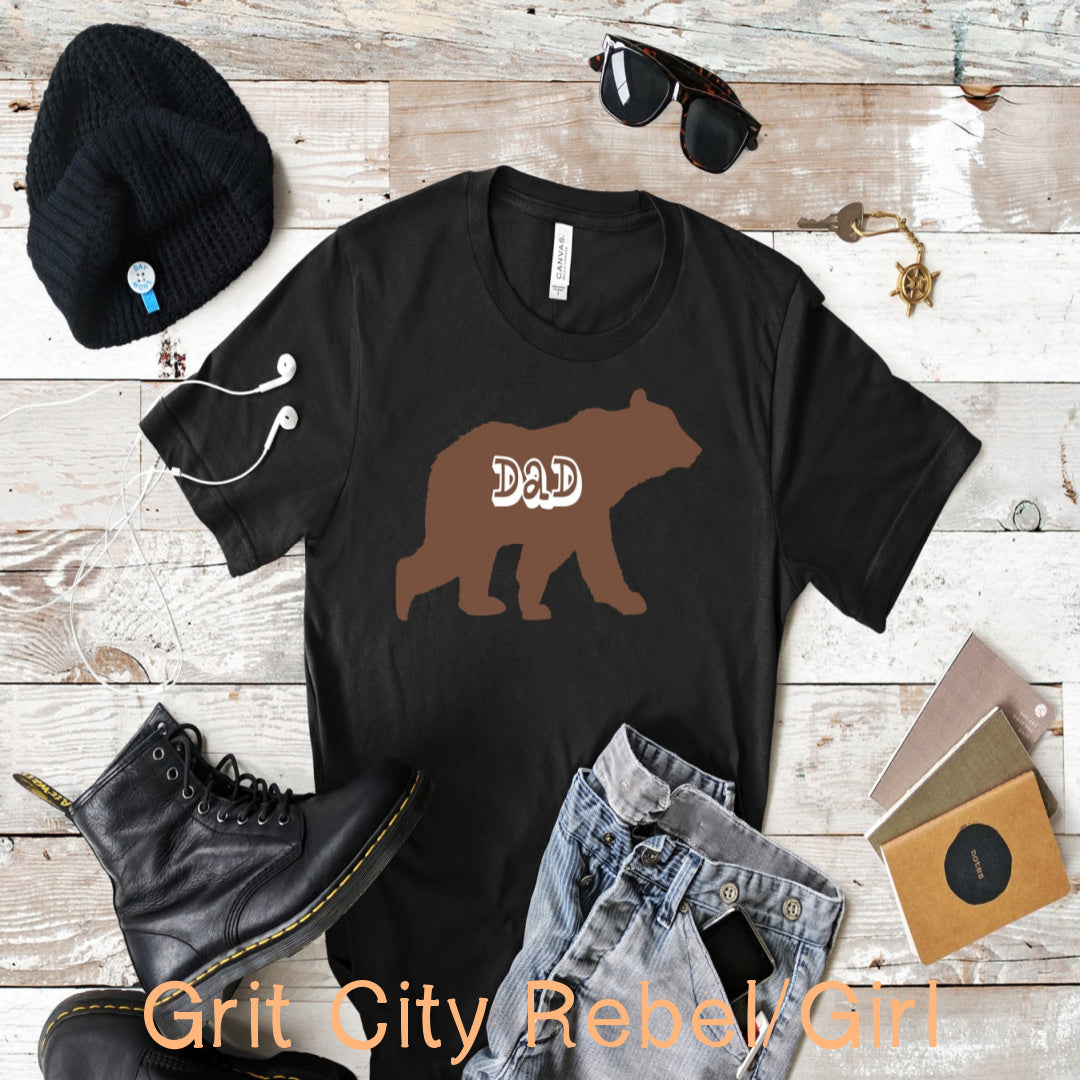 Dad T-Shirt in Black short sleeve with a brown and DAD in white writingBear in unisex sizing Small to 3X