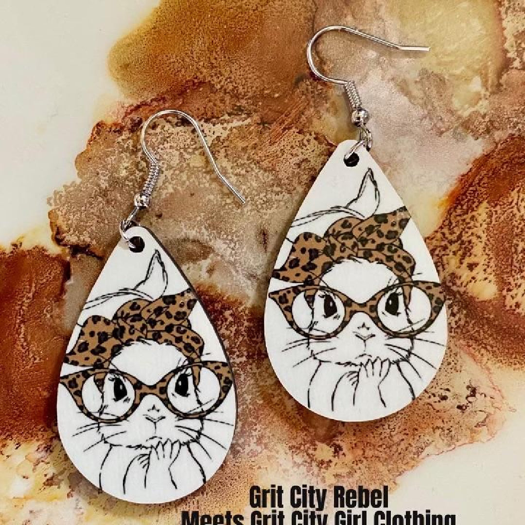 Leopard bow and glasses on a bunny face on a white background mdf wood Grit City Rebel