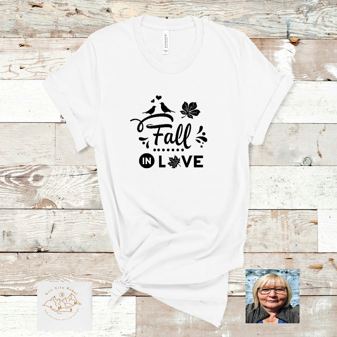 White TShirt with Fall in Love written in black unisex sizing small to 3X