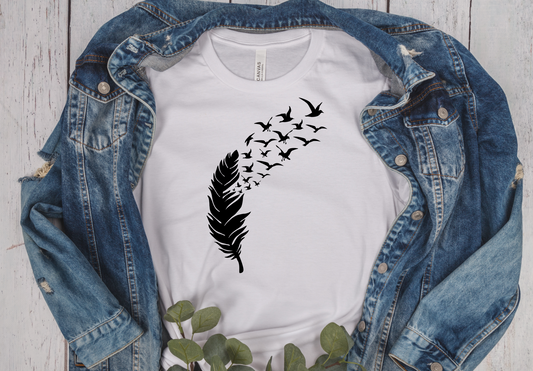 white unisex short sleeve T-Shirt with a black feather and birds flying out of it