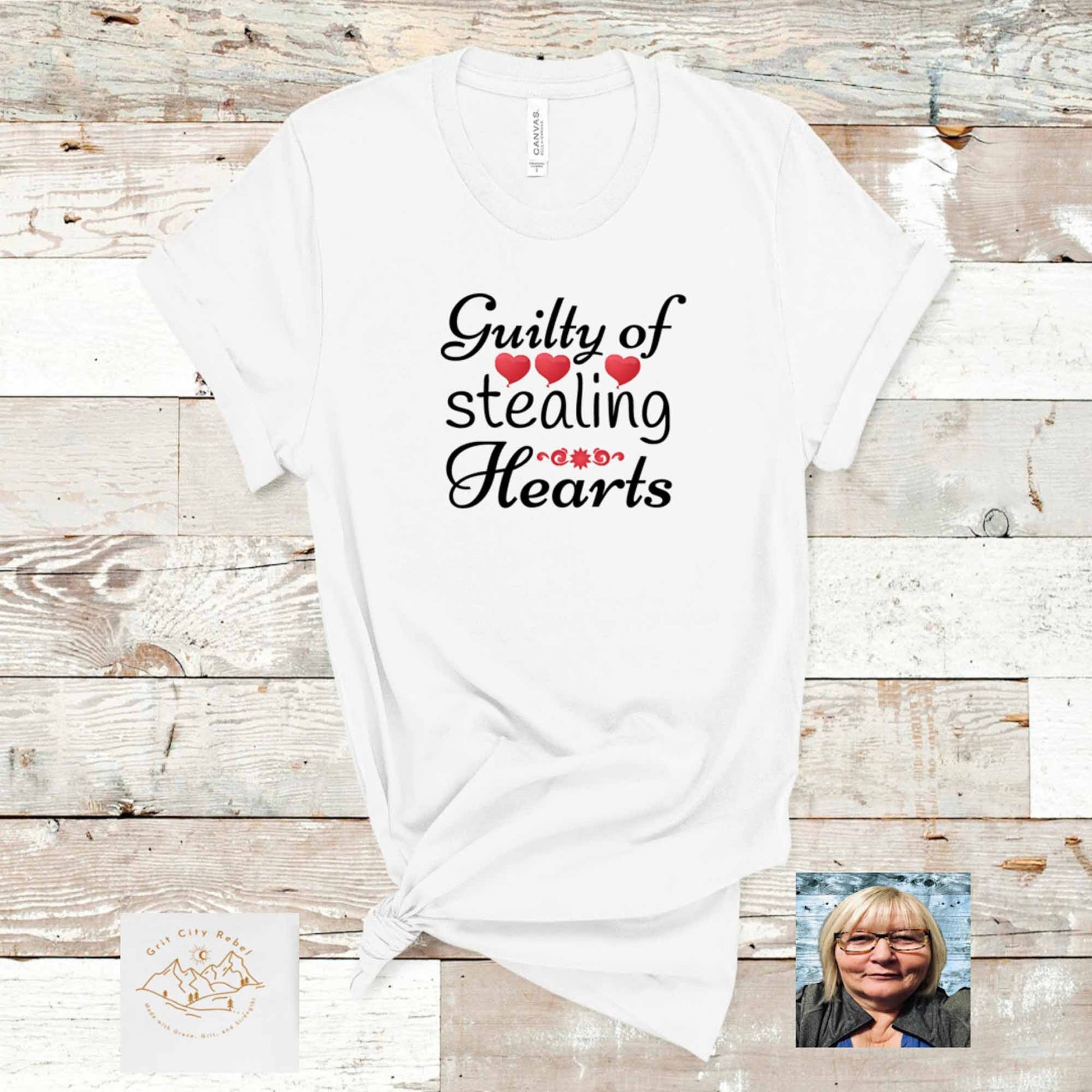Grit City Rebel White TShirt With the saying Guilty of stealing Hearts in black writting with red hearts. unisex sizing in small to 3X