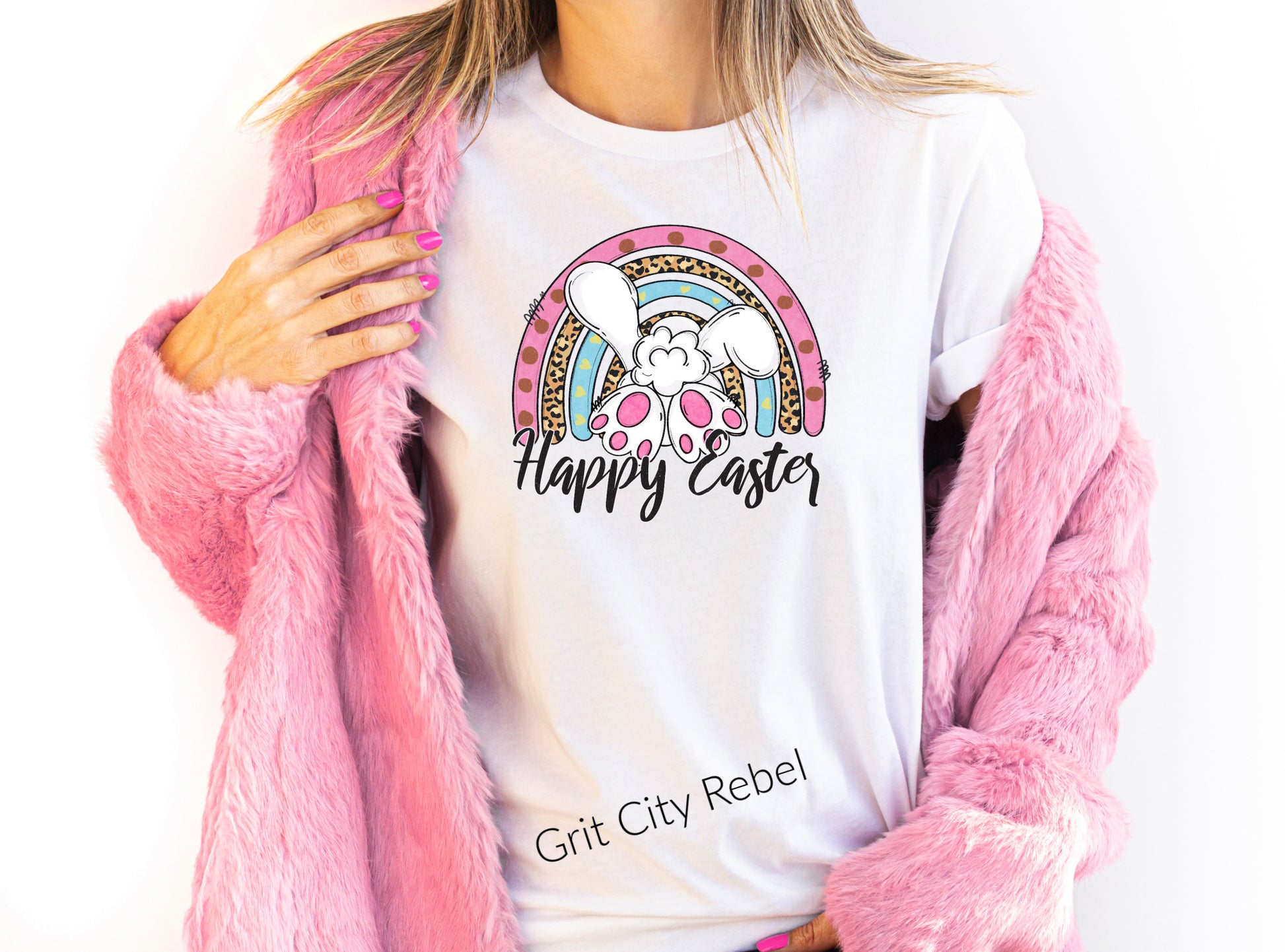 Colorful rainbow and Easter bunny on a white unisex T-shirt Grit City Revel