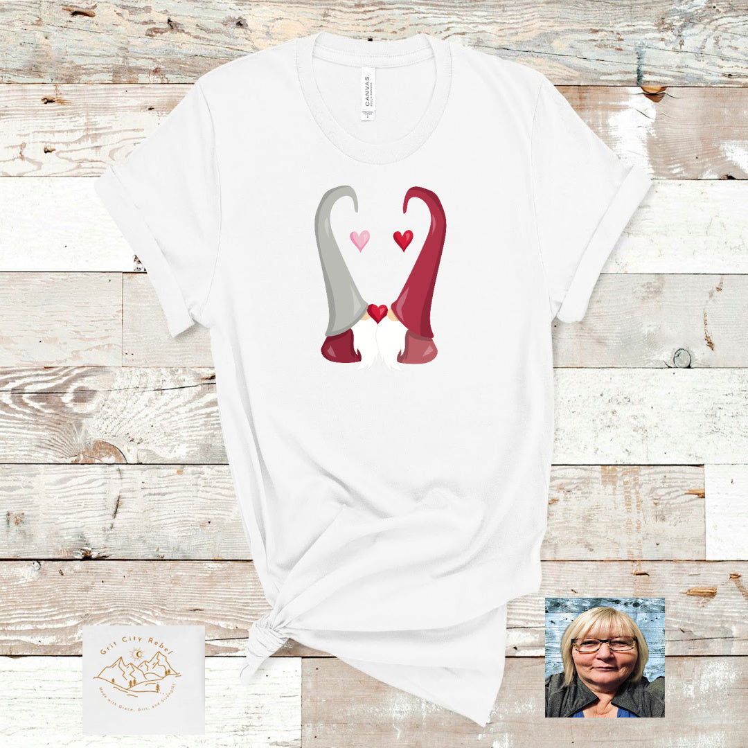 Gnomes in love grey and pink gnome facing each other on a white Tshirt with hearts
