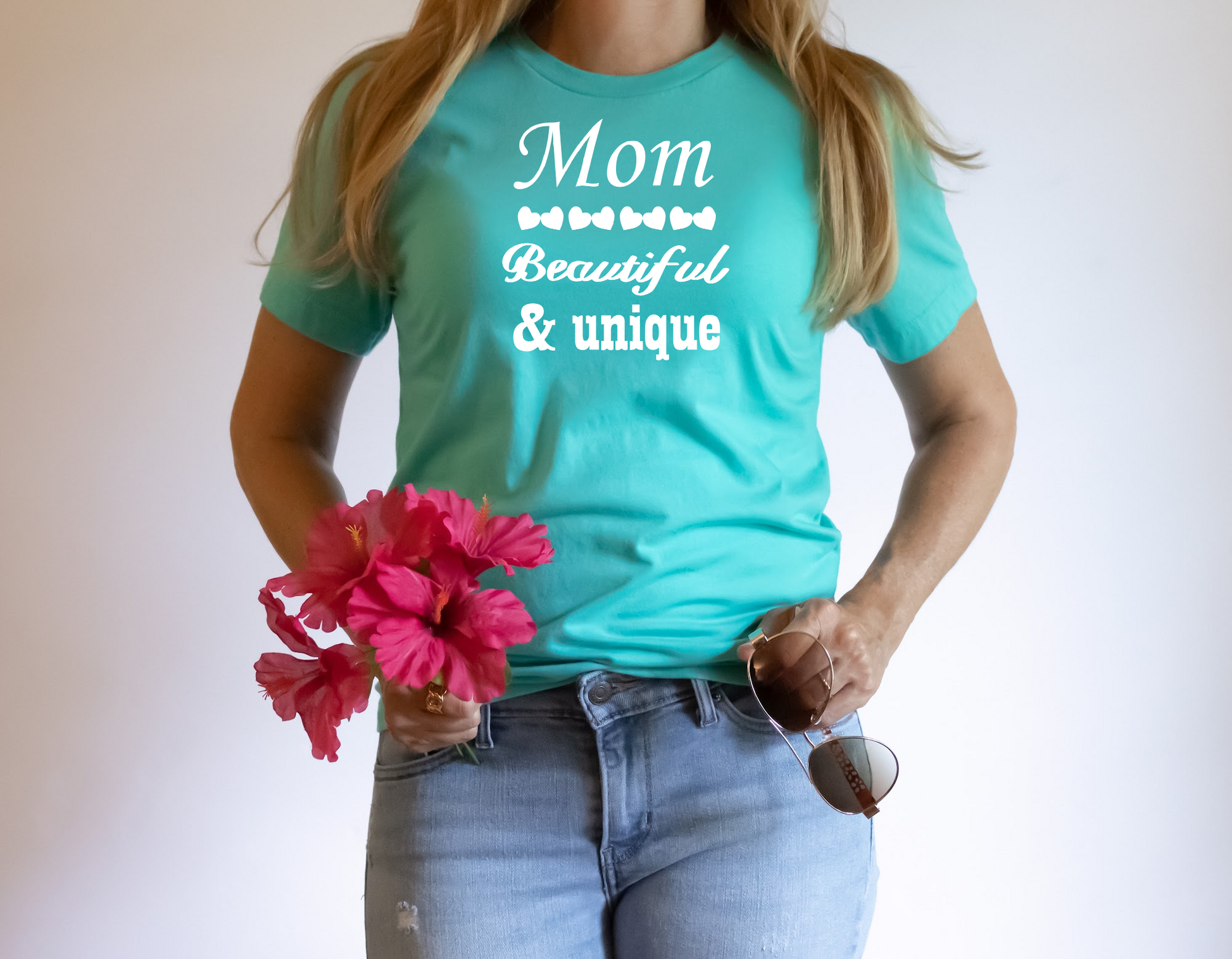 teal green unisex T-Shirt with the saying MOM Beautiful & Unique in white writting