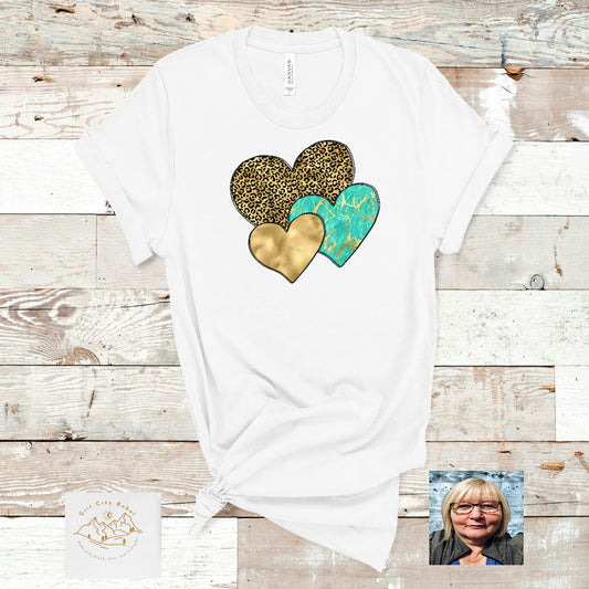 Patterned Heards in leopard, goldand turquoise all overlapping Grit City Rebel sizing unisex sizes small medium large Xlarge 2X 3X