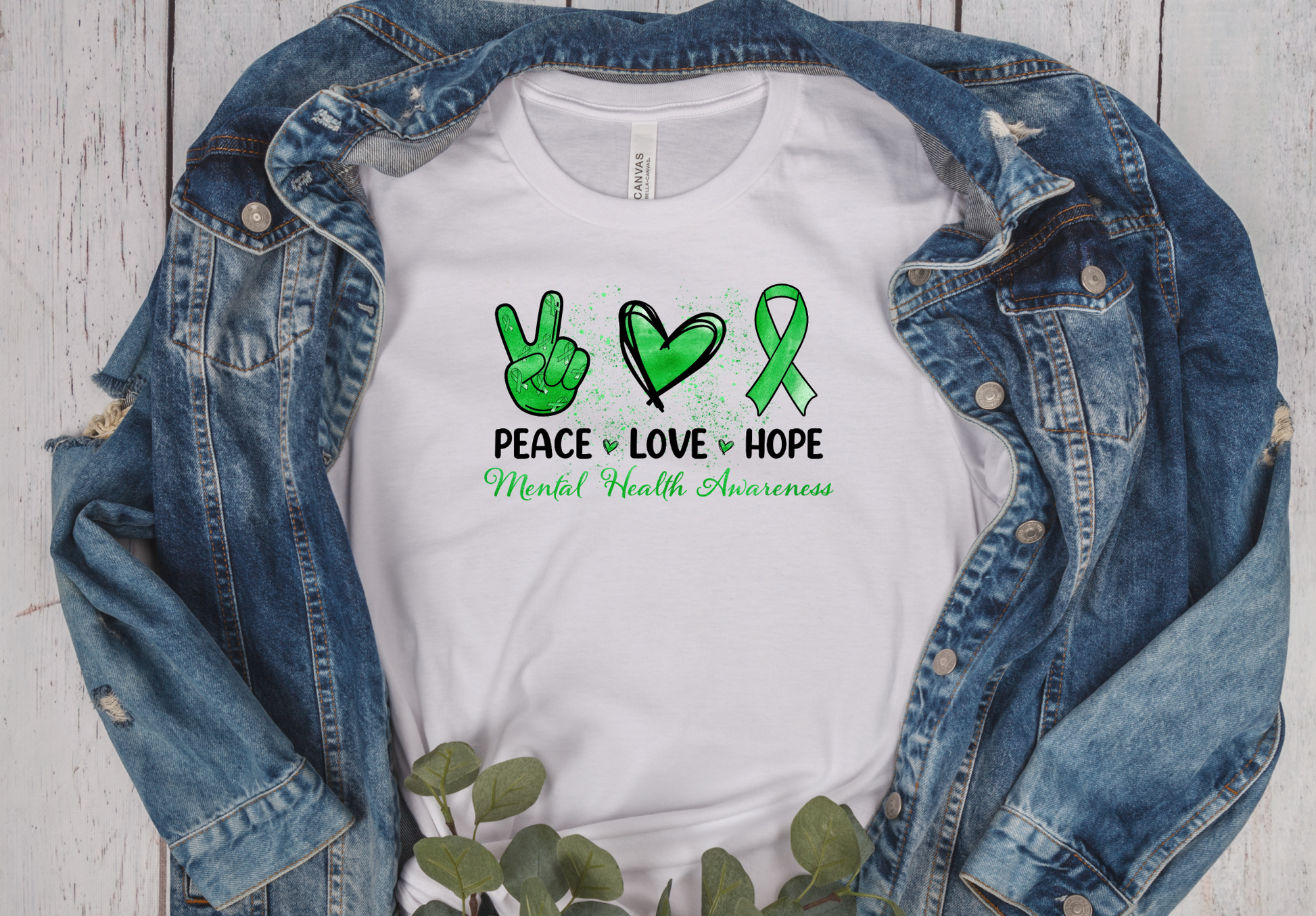 white unisex T-Shirt with Peace sign Heart and ribbon in green under each symbol is the words Peace Love Hope in green for Mental Health Month Awarenesswith