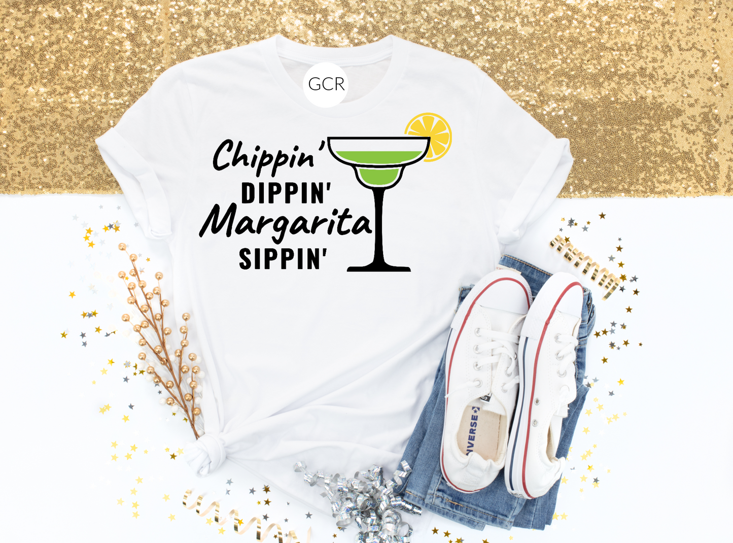white unisex short sleeve T-Shirt with a margarita glass and the saying chippin, Dippin, Margarita sippin
