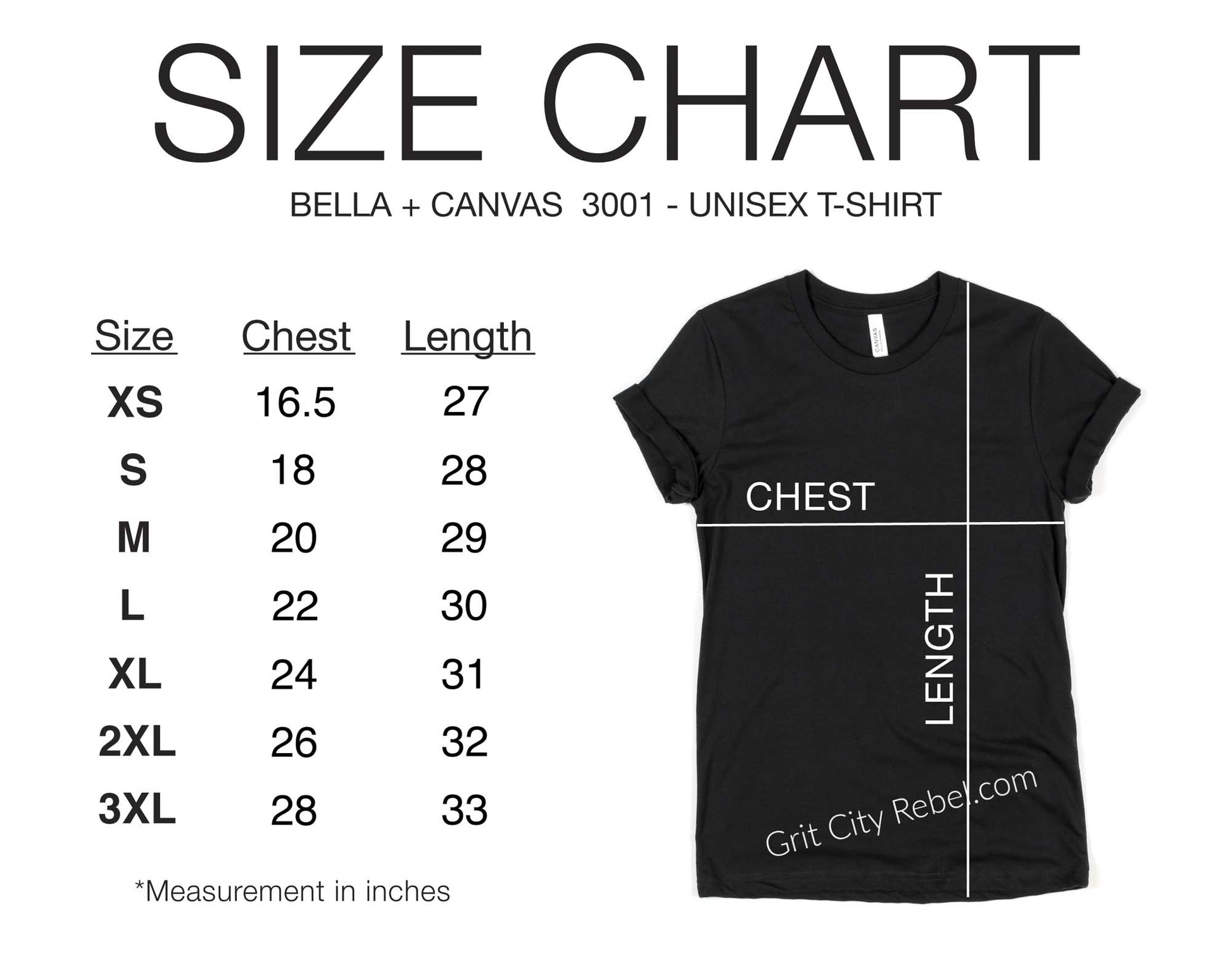 Grit City Rebel sizing chart small to 3X