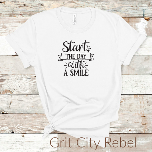 Start the day with a smile white tshirtwith black writting