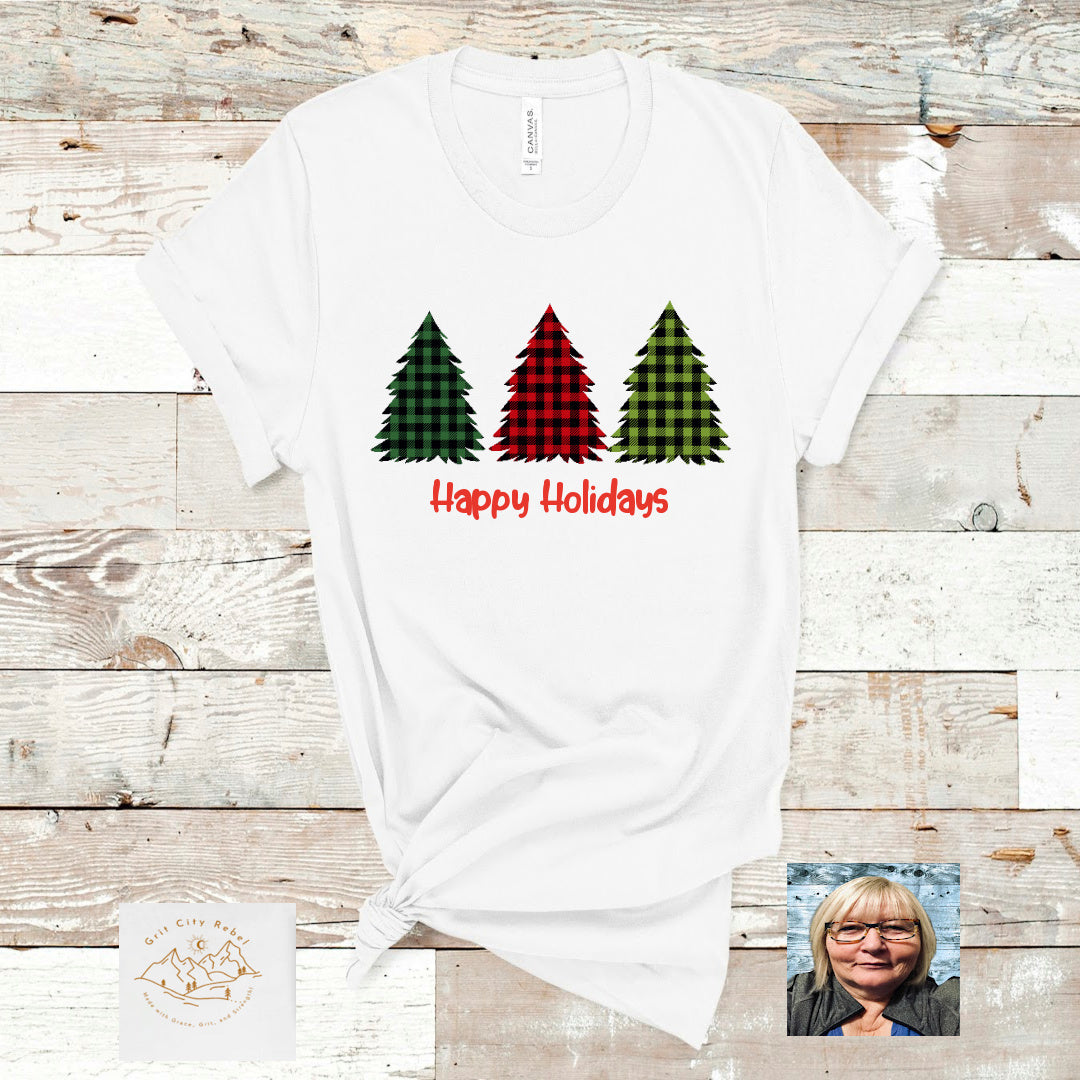 Short sleeve unisex fit T-Shirt with Plaid Christmas Trees in green and red
