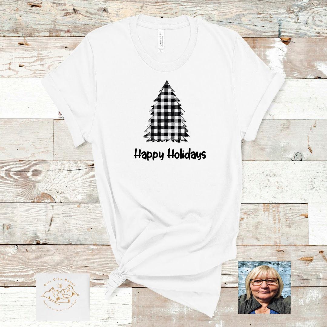 white unisex Tshirt with a buffalo print tree and Happy Holidays in writting