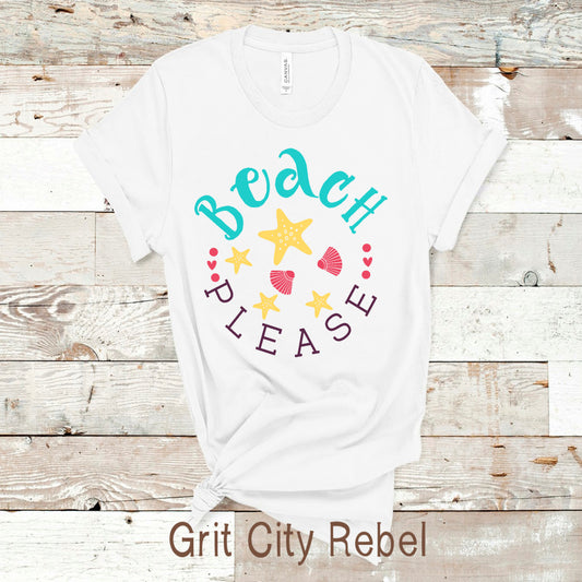 White TShirt with the saying Beach Please in teal and black and pink shells with yellow stars