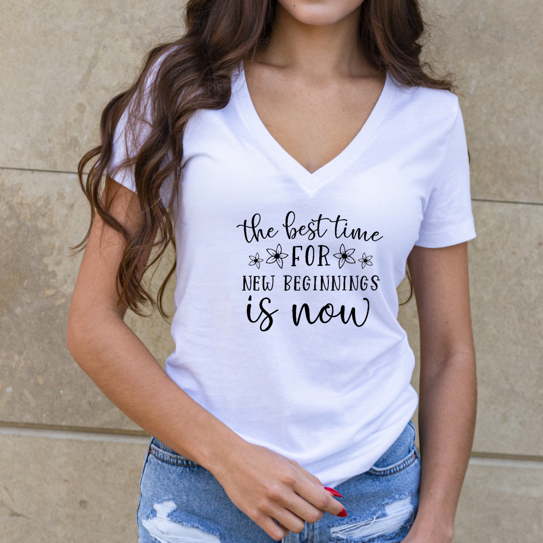 White unisex fit T-Shirt with the saying the best time for new beginnings is now in black writing