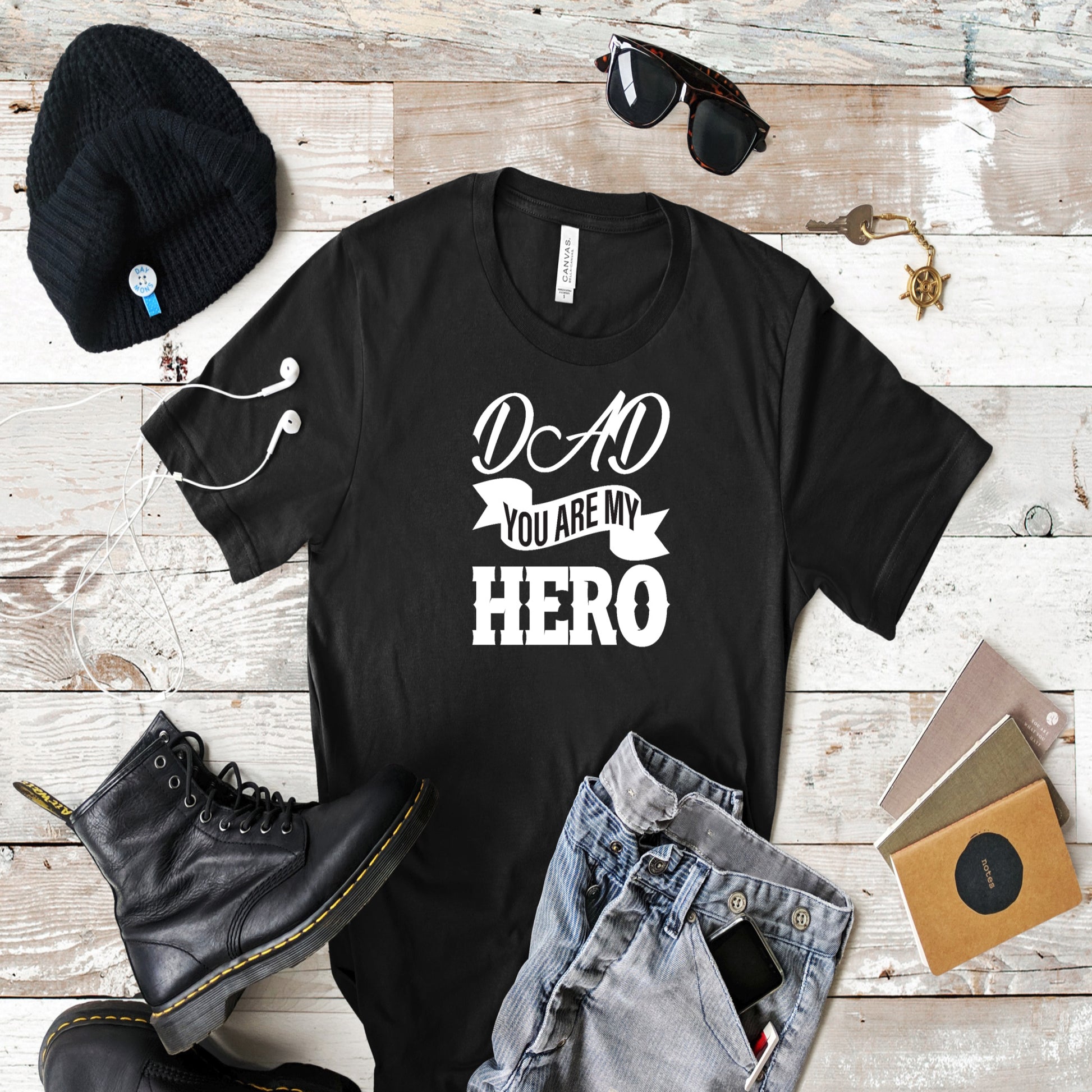 dad you are my hero on a black tshirt with the word dad in white lettering Dad using tools to spell it out. Unisex sizing small to 3X
