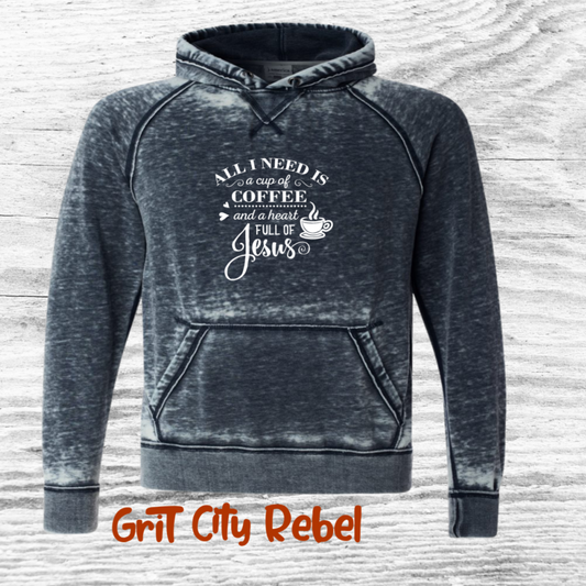 Grit City Rebel All I need is a cup of coffee and a heart full of Jesus hoodie. unisex sizes Medium to 2X