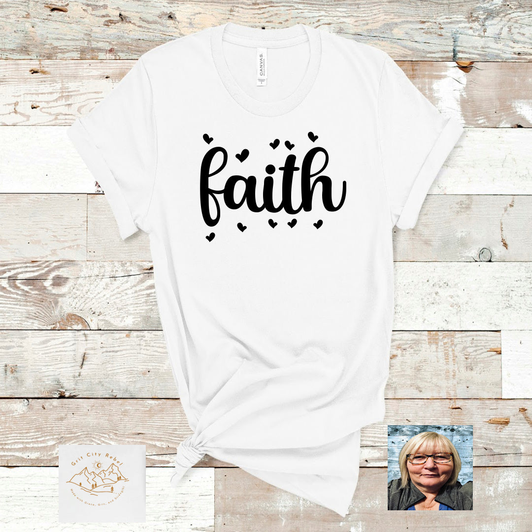 Grit City Rebel faith and hearts, in black on a white tshirt unisex sizing small to 3X