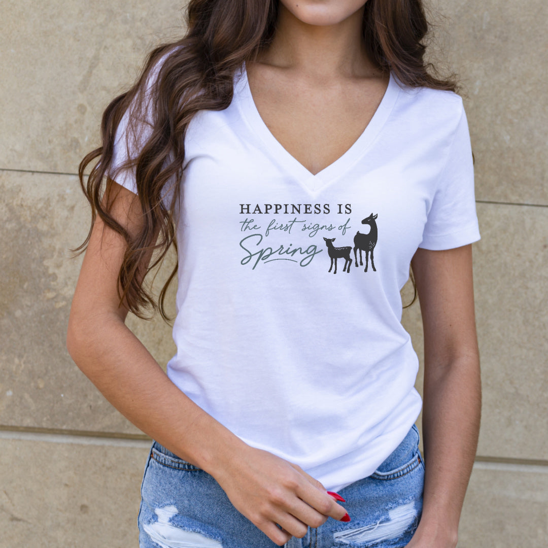 Ehite T-Shirt with the saying in black Happiness Is the first signs of Spring with a Momma deer and and baby deer in black