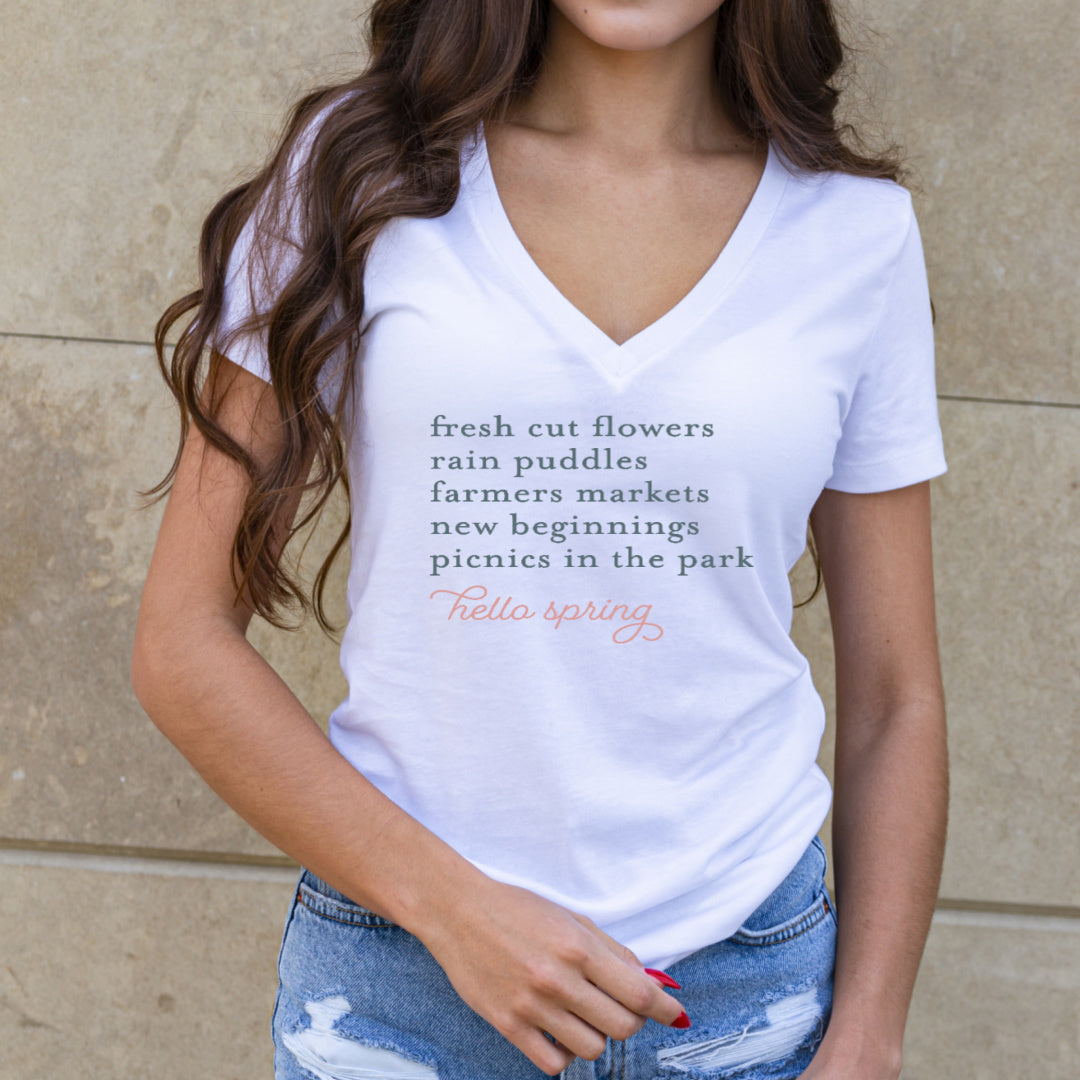 White Vneck TShirt with a list of Spring things you love