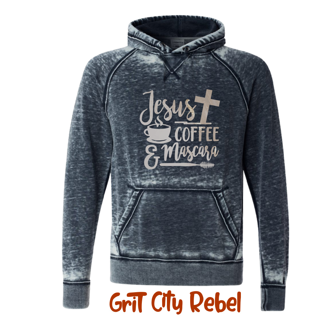 Jesus coffee and mascara saying on a denim color long sleeve hoodie. unisex sizes medium to 2X