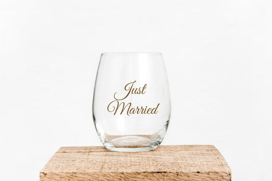 15oz Wine glass with the saying Just Married  in Gold writing Grit City Rebel